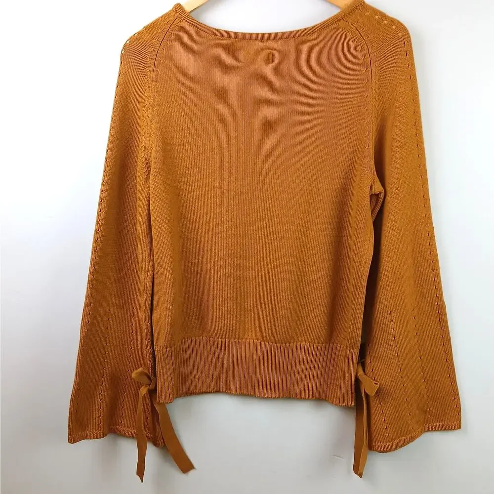 Sundance SZ M Aryka Wool-Cotton Blend Sweater Bell Sleeves With Ties Gold